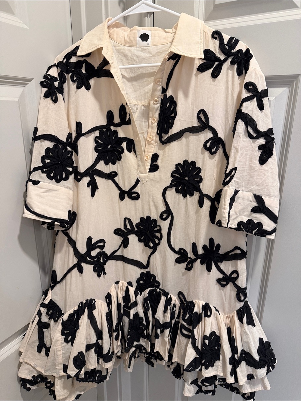 Cream Mini Dress with Black Embroidered Floral Detail